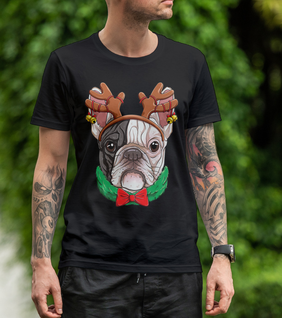 French Bulldog With Christmas Reindeer Antlers And Bow Tie T-Shirt