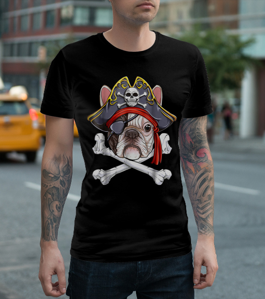 French Bulldog Pirate Jolly Roger Crossbones Skull Eyepatch T-Shirt