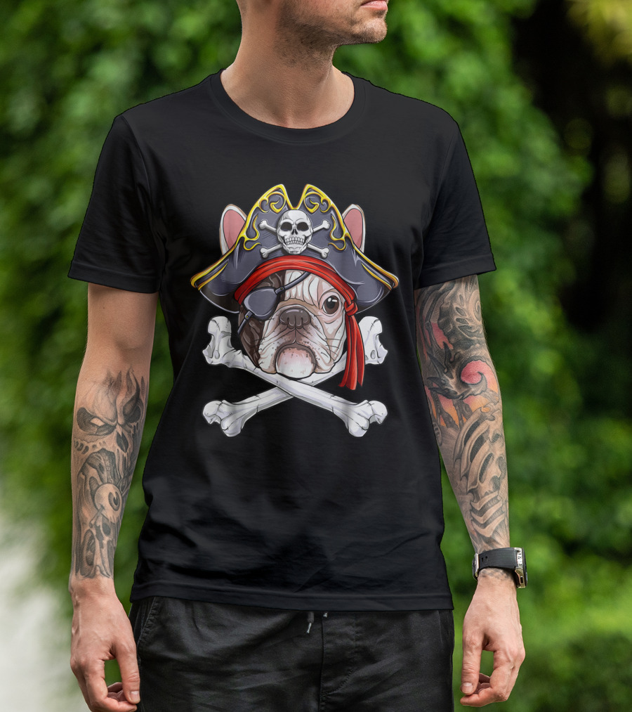 French Bulldog Pirate Jolly Roger Crossbones Skull Eyepatch T-Shirt
