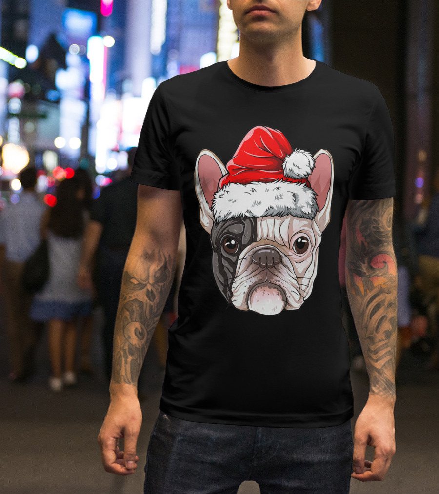 French Bulldog Wearing Santa Hat T-Shirt