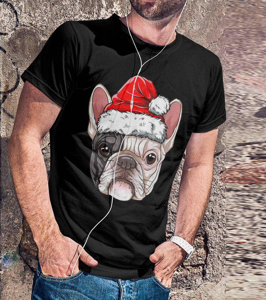 French Bulldog Wearing Santa Hat T-Shirt