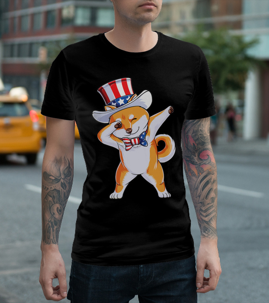 Dabbing Shiba Inu Uncle Sam Hat Bow Tie American Flag 4th Of July T-Shirt