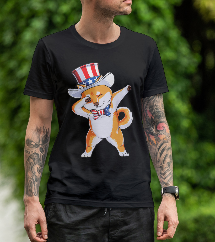 Dabbing Shiba Inu Uncle Sam Hat Bow Tie American Flag 4th Of July T-Shirt