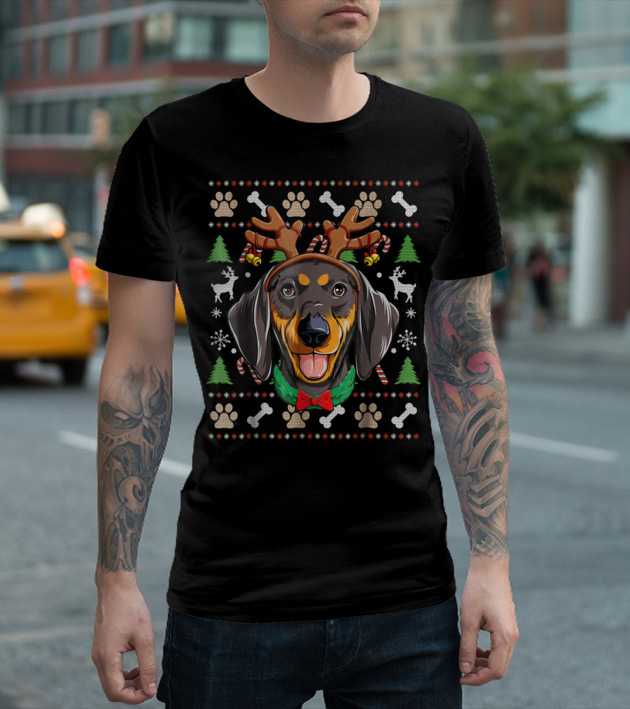 Dachshund Reindeer Antlers Christmas Ugly Sweater Snowflakes Candy Canes T-Shirt