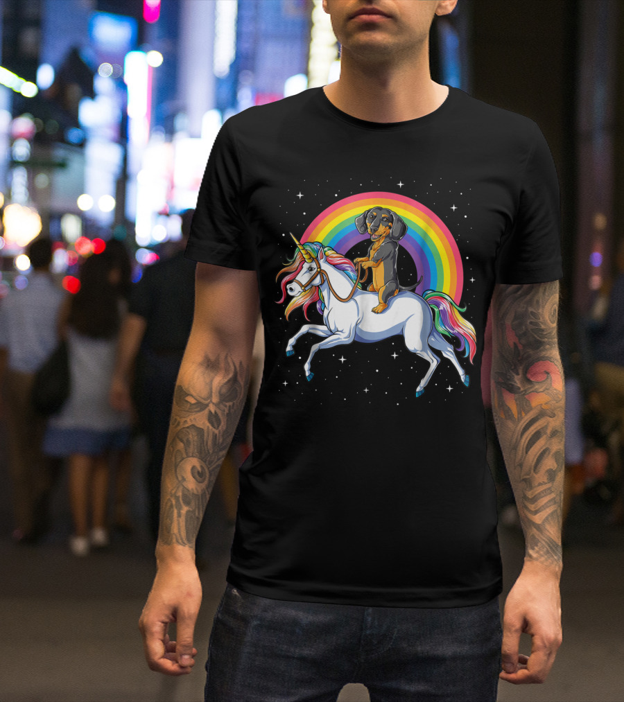 Dachshund Riding Unicorn Space Galaxy Rainbow Kids Women T-Shirt
