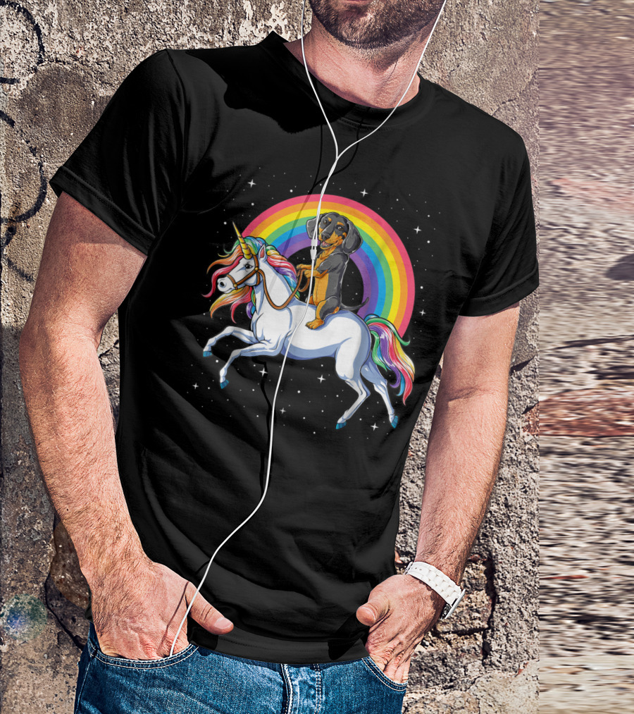 Dachshund Riding Unicorn Space Galaxy Rainbow Kids Women T-Shirt