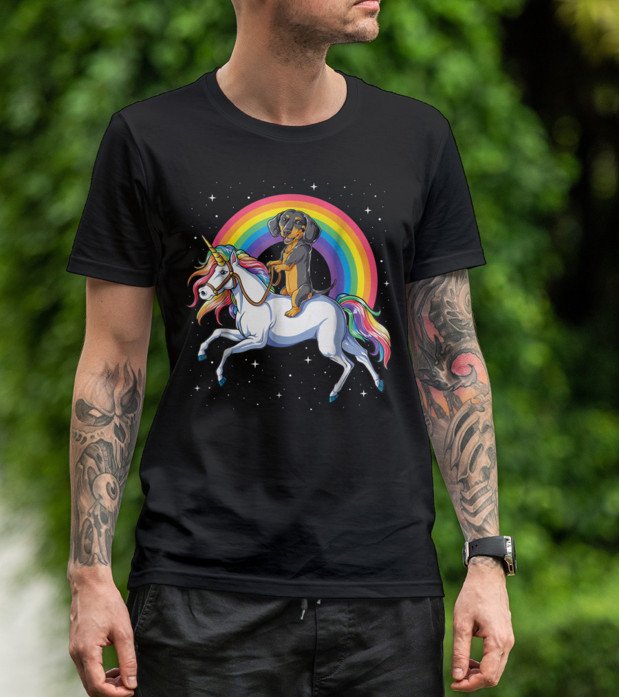 Dachshund Riding Unicorn Space Galaxy Rainbow Kids Women T-Shirt