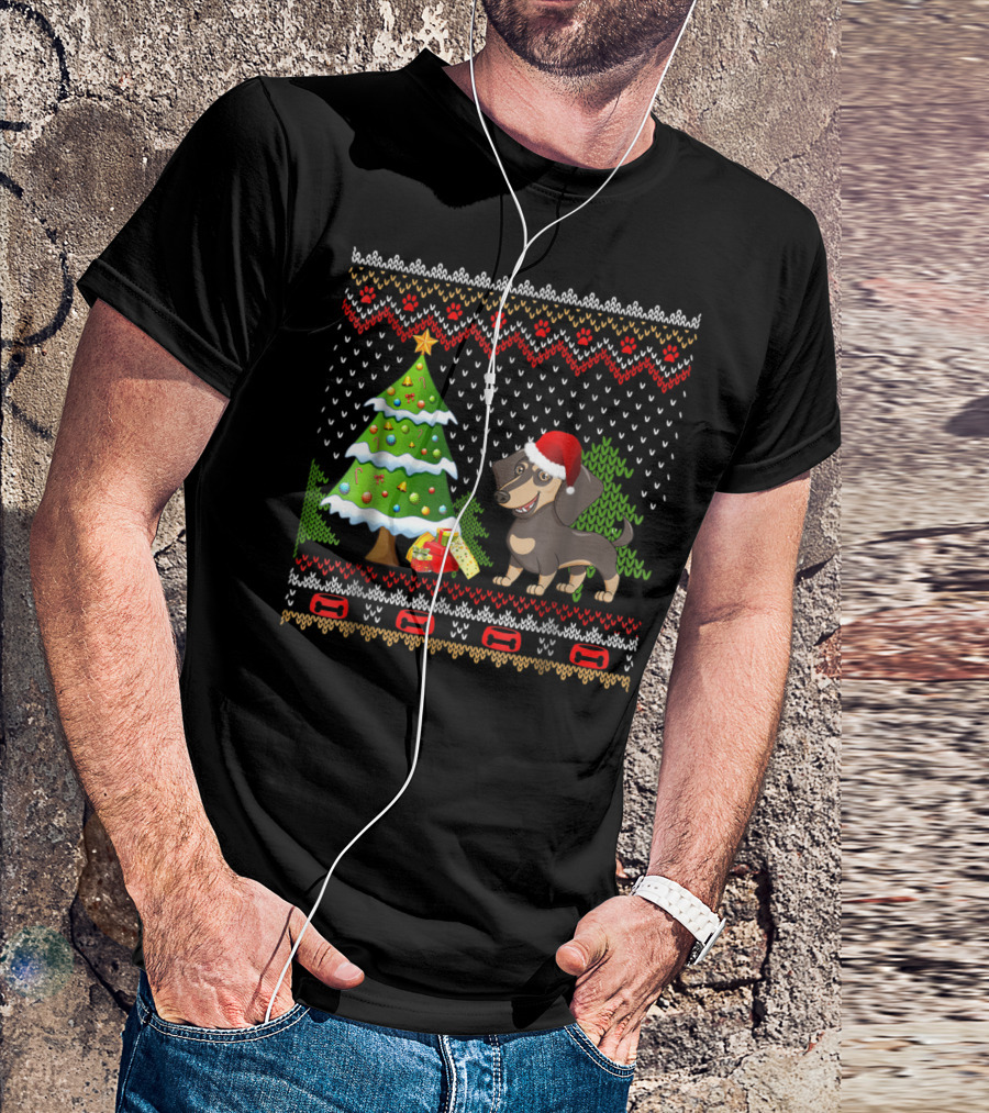 Dachshunds Santa Christmas UglyDog Festive Sweater Holiday Tree T-Shirt