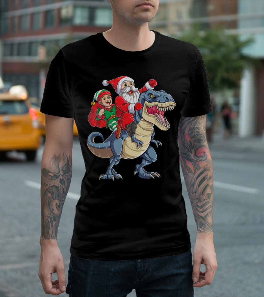 Dinosaur Christmas Boys Santa Elf Riding T-Rex Kids YP T-Shirt