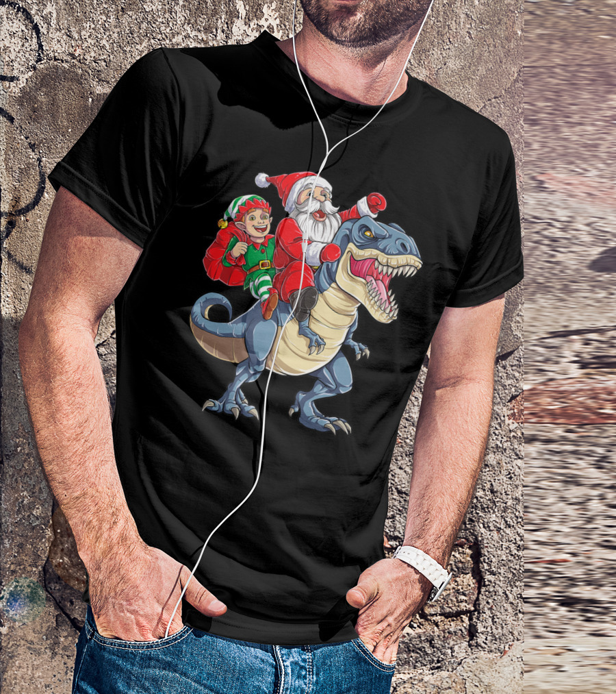 Dinosaur Christmas Boys Santa Elf Riding T-Rex Kids YP T-Shirt