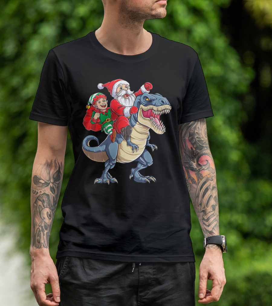 Dinosaur Christmas Boys Santa Elf Riding T-Rex Kids YP T-Shirt