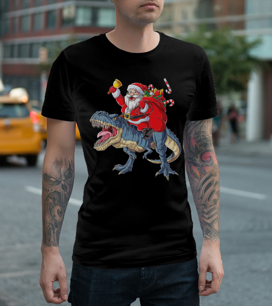 Santa Claus Riding Dinosaur With Bell And Holiday Gifts Christmas Boys Santa Rex Kids Xmas T3 T-Shirt