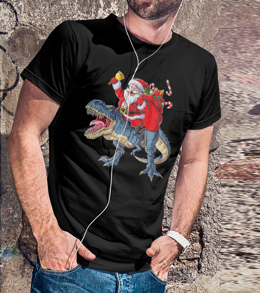 Santa Claus Riding Dinosaur With Bell And Holiday Gifts Christmas Boys Santa Rex Kids Xmas T3 T-Shirt