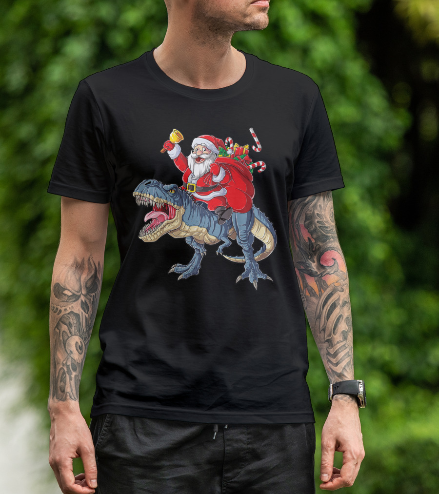 Santa Claus Riding Dinosaur With Bell And Holiday Gifts Christmas Boys Santa Rex Kids Xmas T3 T-Shirt
