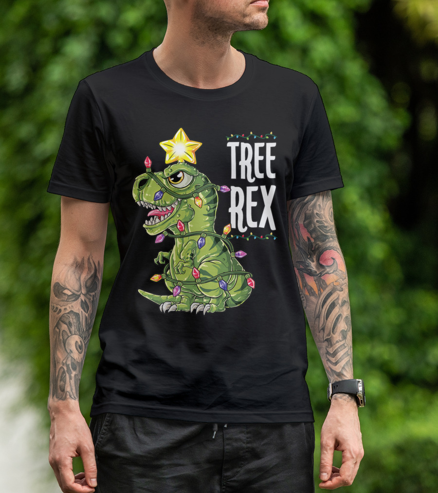 Tree Rex Dinosaur Christmas Lights And Star T-Shirt