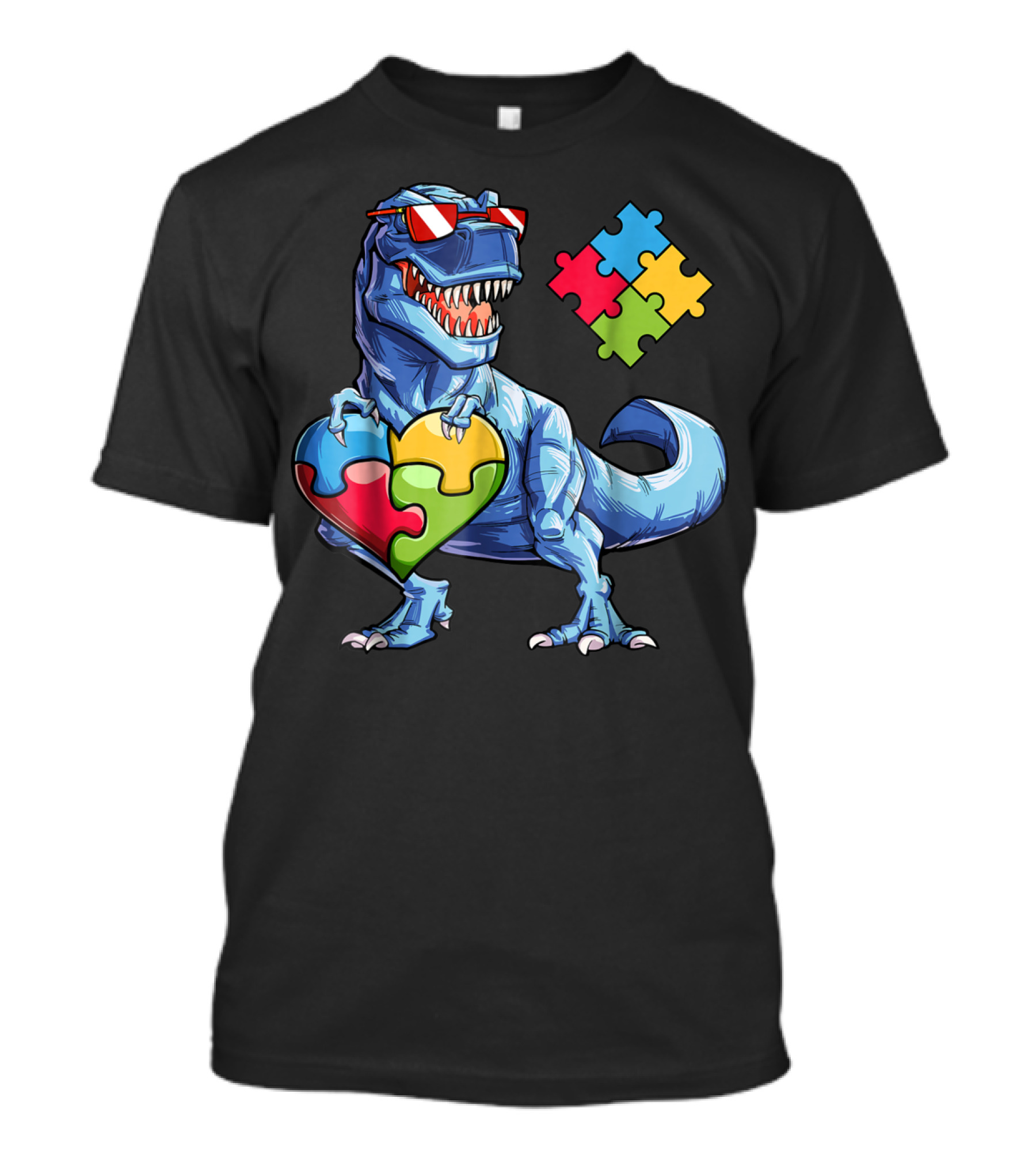 Dinosaur With Puzzle Pieces Heart Autism Awareness T-Shirt