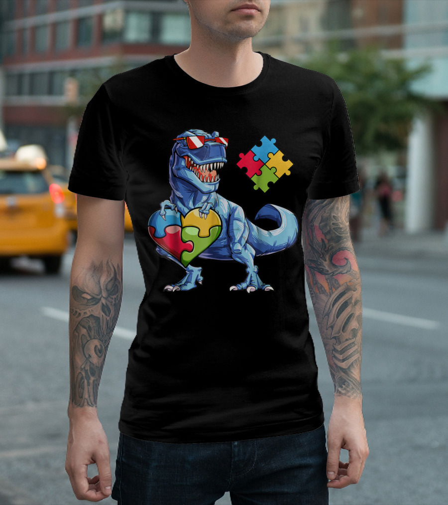 Dinosaur With Puzzle Pieces Heart Autism Awareness T-Shirt