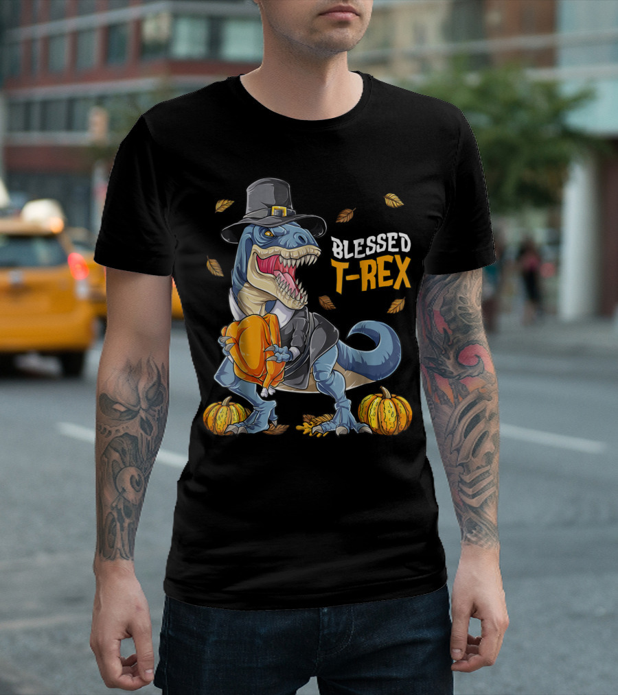 Blessed T-Rex Thanksgiving Pilgrim Dinosaur with Pumpkins T-Shirt
