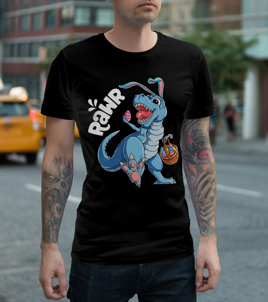 Easter Bunny Dinosaur Rex RAWR Eggs Basket T-Shirt