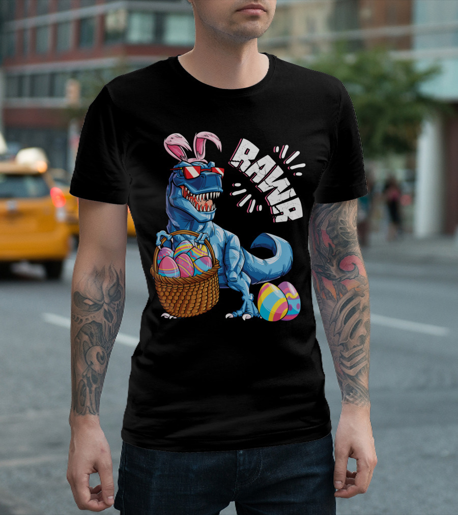 RAWR Easter Bunny Dinosaur Rex with Colorful Eggs Basket T-Shirt