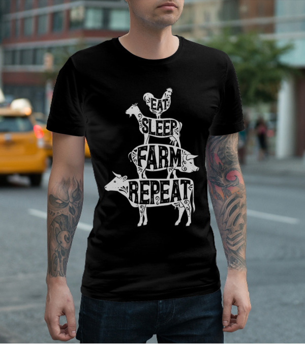 Eat Sleep Farm Repeat Farmer Goat Pig Cow Rooster T-Shirt