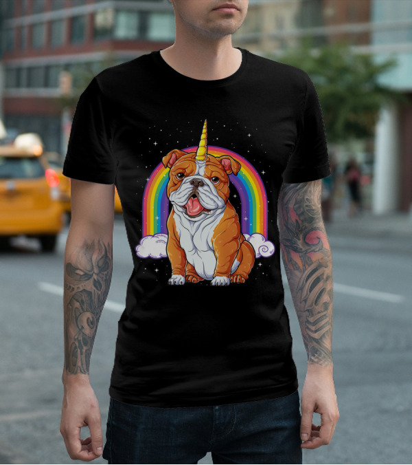 English Bulldog Unicorn Rainbow Space Galaxy T-Shirt