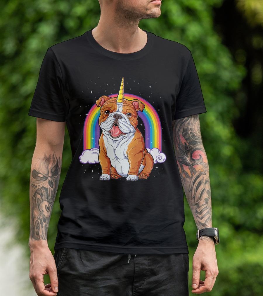 English Bulldog Unicorn Rainbow Space Galaxy T-Shirt