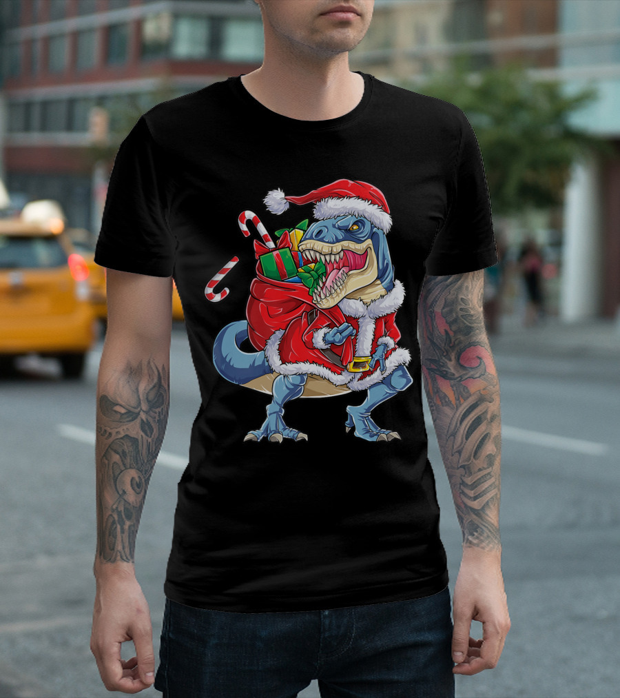 Dinosaur Christmas Boys Santa Rex With Candy Canes And Gifts T-Shirt