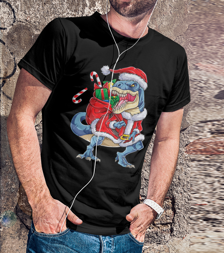 Dinosaur Christmas Boys Santa Rex With Candy Canes And Gifts T-Shirt