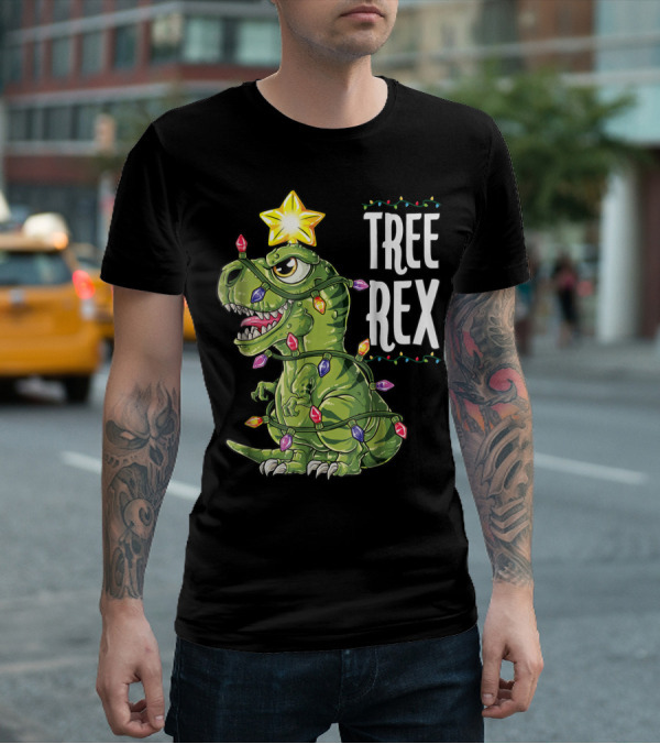 Tree Rex Dinosaur Wrapped In Christmas Lights With Star T-Shirt