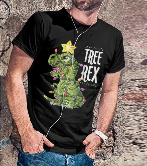 Tree Rex Dinosaur Wrapped In Christmas Lights With Star T-Shirt