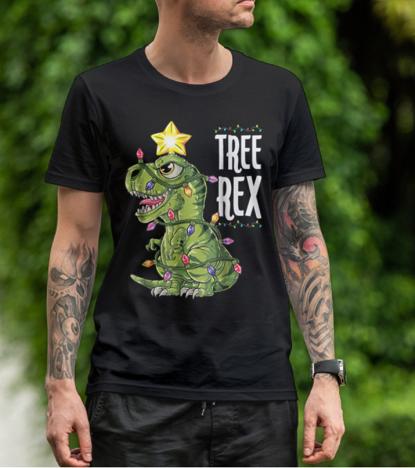 Tree Rex Dinosaur Wrapped In Christmas Lights With Star T-Shirt
