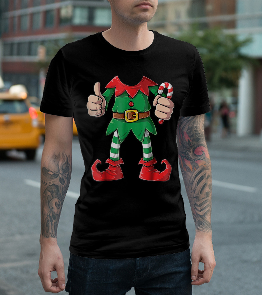 Elf Christmas Costume Holiday Outfit with Candy Cane and Thumbs Up for Girls Boys T-Shirt