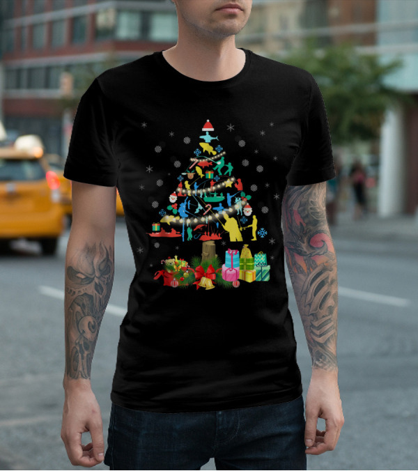 Fishing Christmas Pine Tree Santa Holiday Gift Presentation T-Shirt