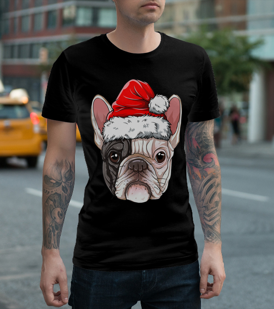 French Bulldog In Santa Hat Christmas T-Shirt