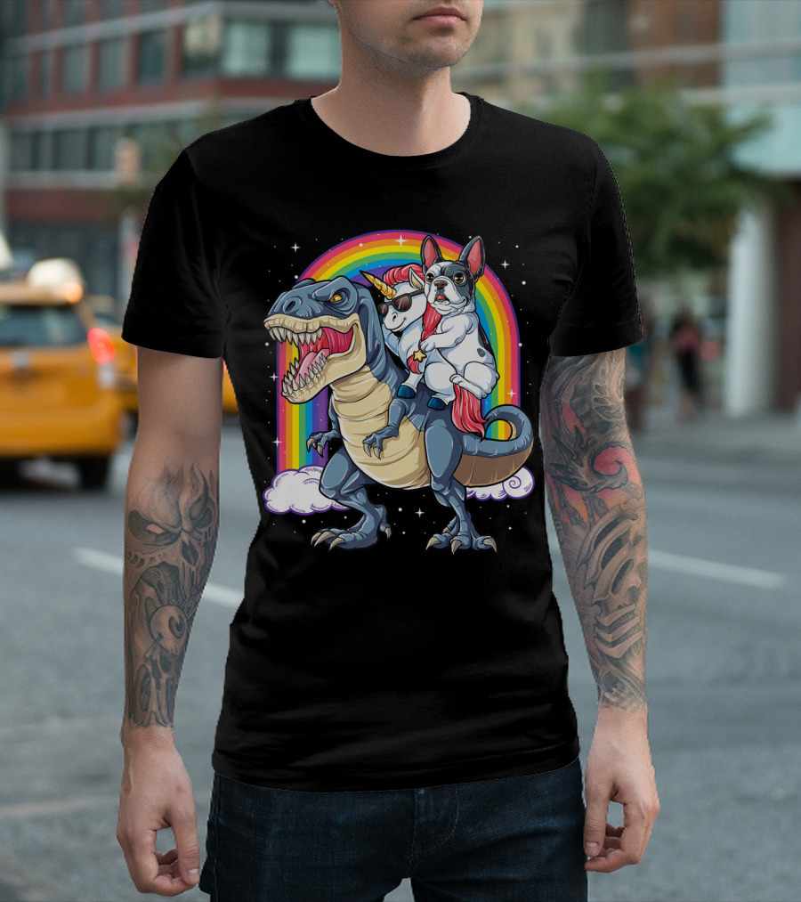 French Bulldog Unicorn Riding Dinosaur Rex with Rainbow Stars T-Shirt