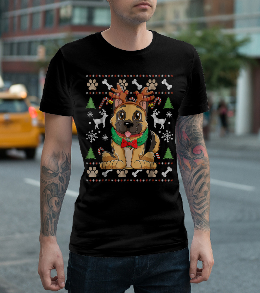 German Shepherd Dog with Reindeer Antlers Christmas Holiday T-Shirt