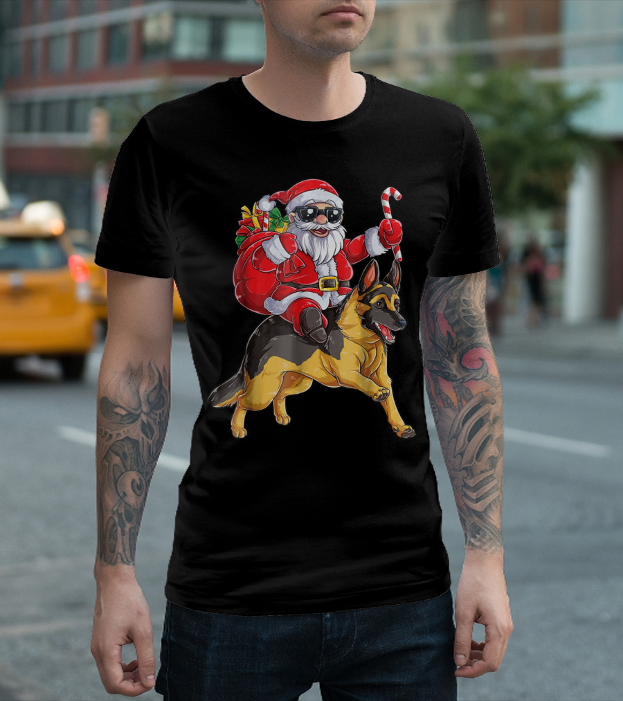 German Shepherd Christmas Santa Claus Riding with Candy Cane Woofmas T8 T-Shirt