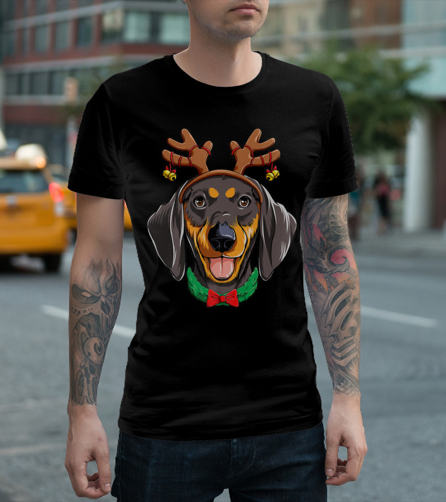 Dachshund with Christmas Reindeer Antlers and Festive Dog Bowtie T-Shirt