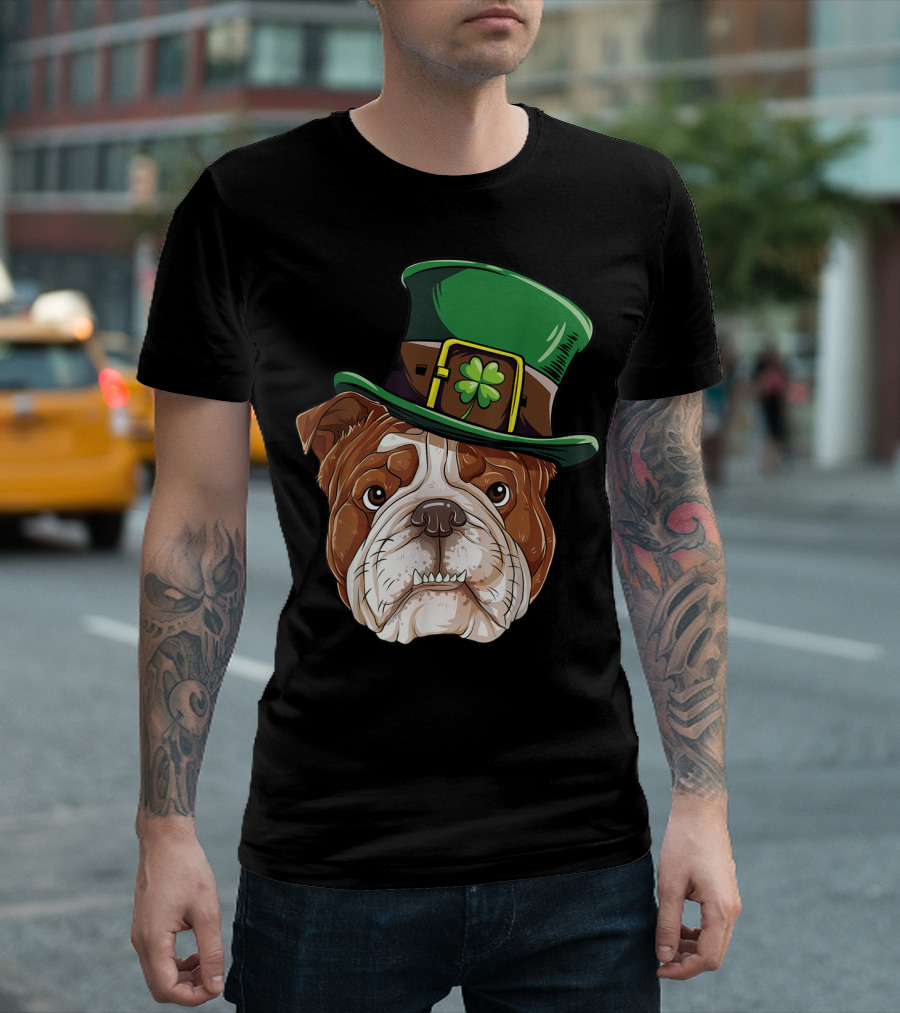 English Bulldog Wearing Leprechaun Hat St Patricks Day Dog T-Shirt