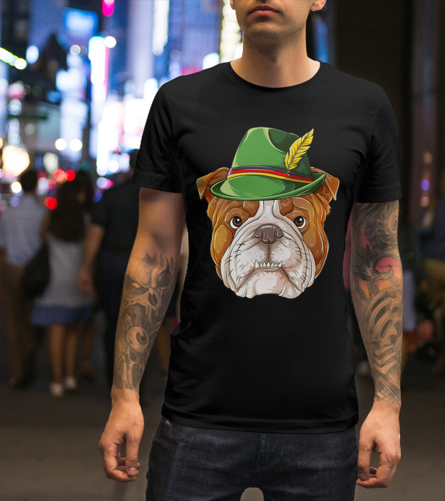 English Bulldog Oktoberfest Boys Lederhosen With Green Hat And Feather T-Shirt