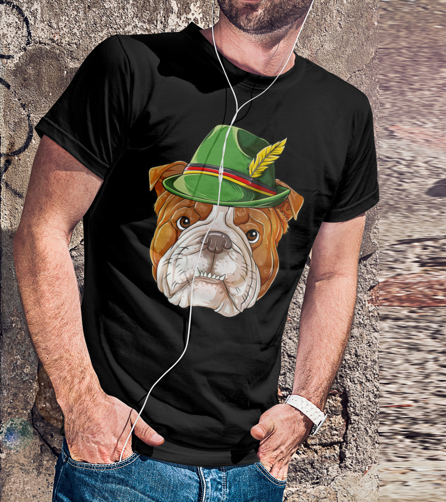 English Bulldog Oktoberfest Boys Lederhosen With Green Hat And Feather T-Shirt