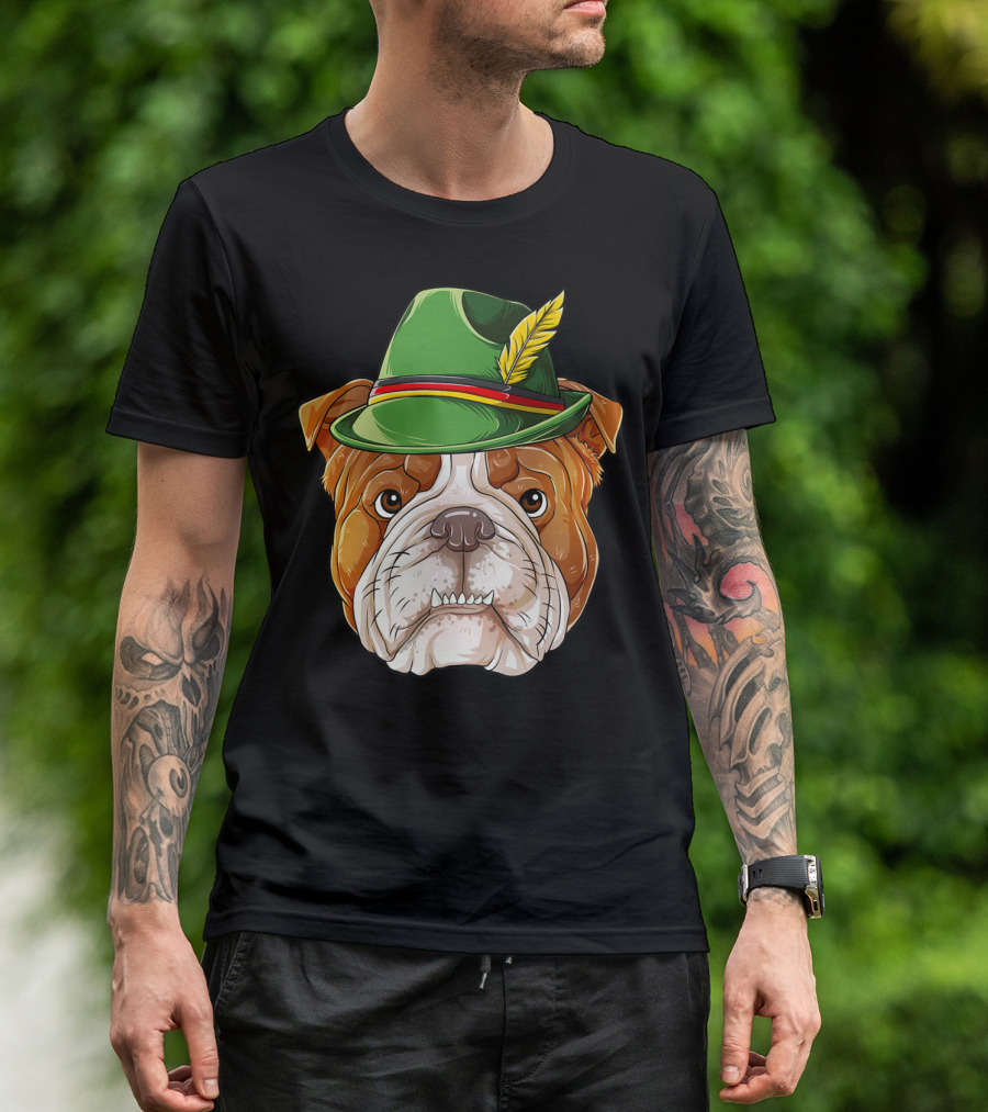 English Bulldog Oktoberfest Boys Lederhosen With Green Hat And Feather T-Shirt