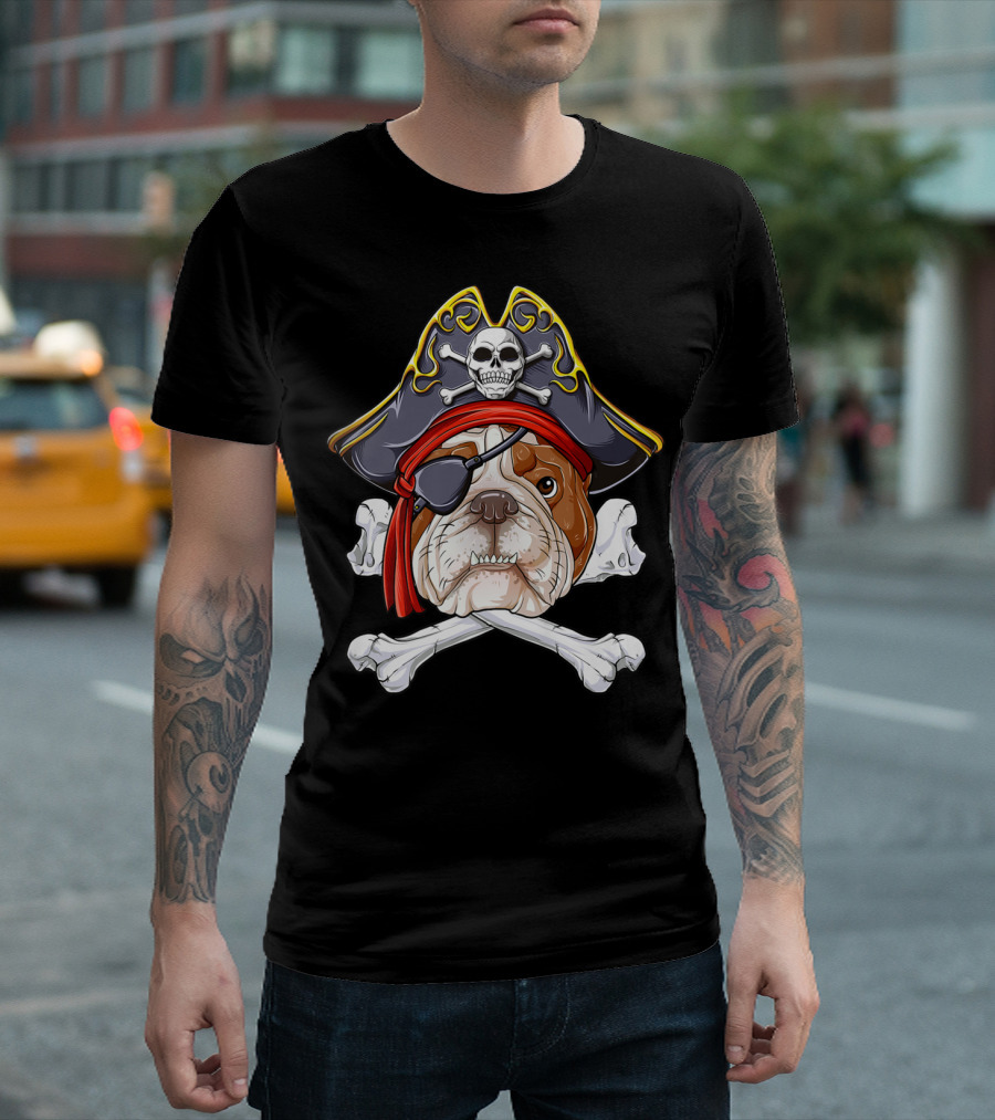 English Bulldog Wearing Pirate Hat With Jolly Roger Crossbones And Eyepatch T-Shirt