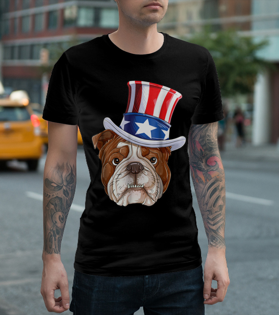 English Bulldog Wearing Uncle Sam Hat 4th Of July T-Shirt