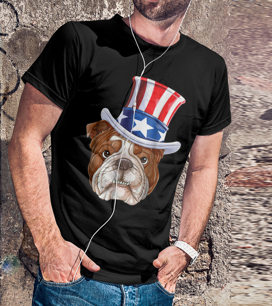 English Bulldog Wearing Uncle Sam Hat 4th Of July T-Shirt