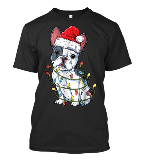 French Bulldog Christmas Santa Hat Wrapped In Xmas Lights T-Shirt