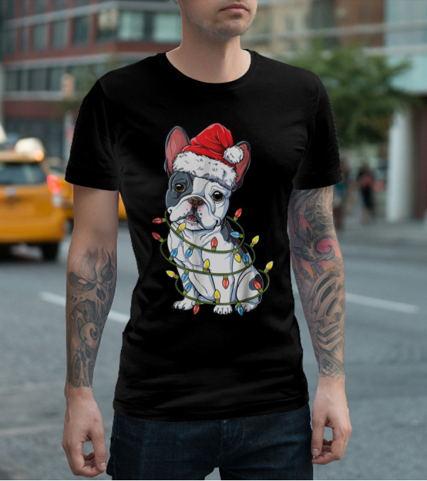 French Bulldog Christmas Santa Hat Wrapped In Xmas Lights T-Shirt
