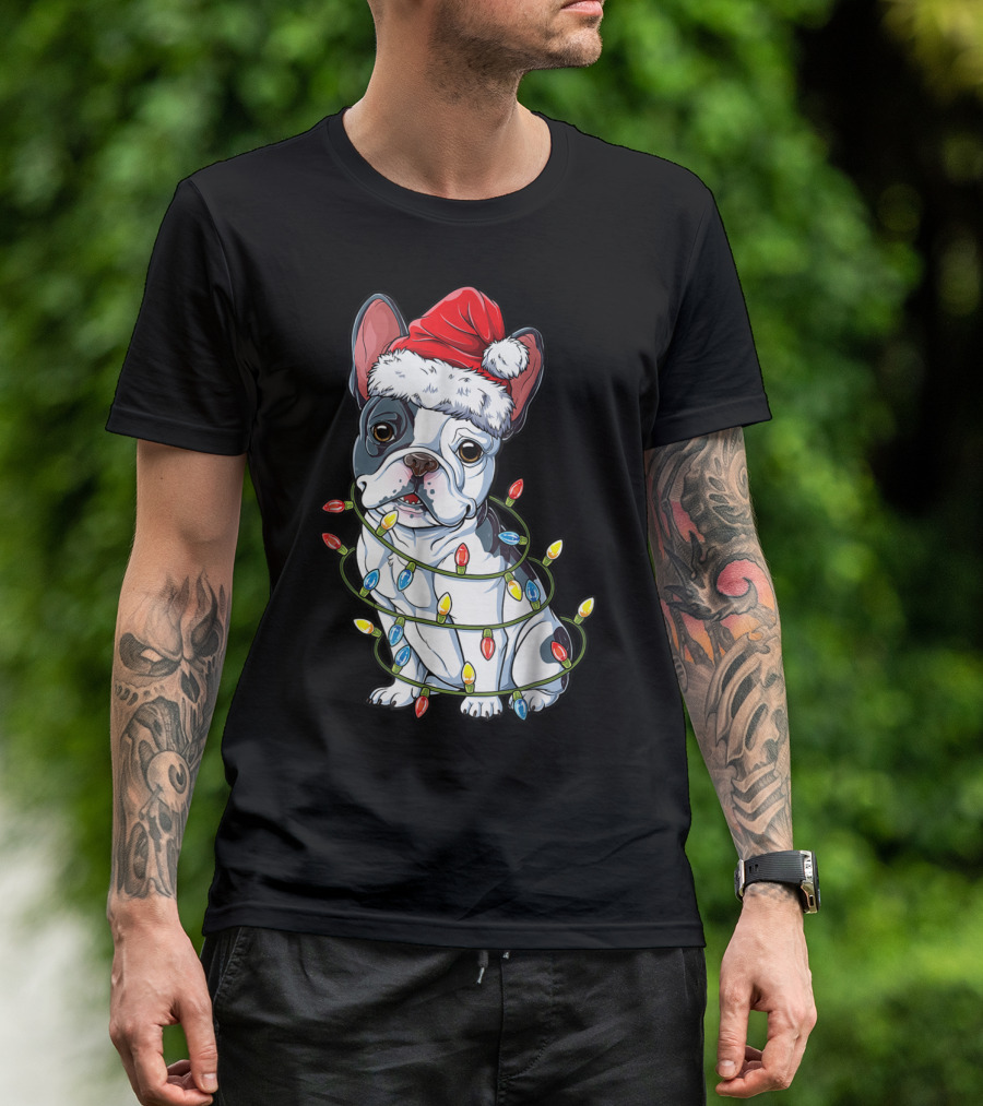 French Bulldog Christmas Santa Hat Wrapped In Xmas Lights T-Shirt