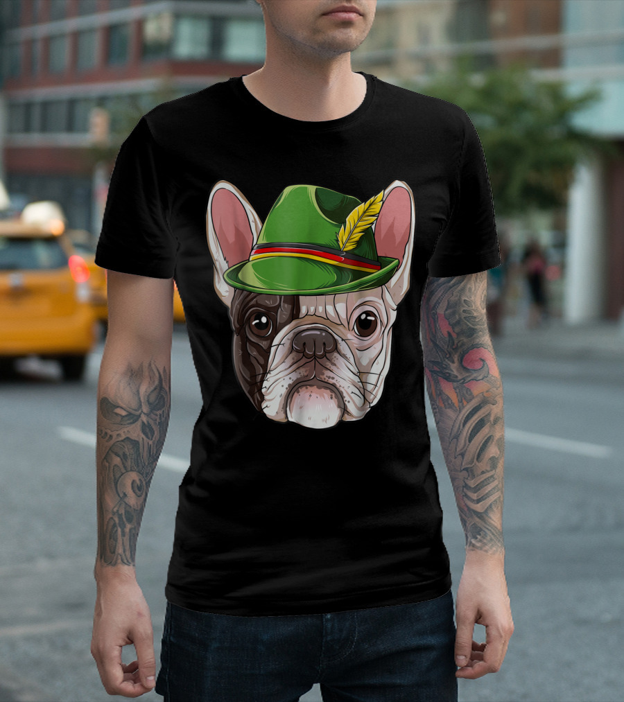 French Bulldog in Green Oktoberfest Hat with Feather T-Shirt